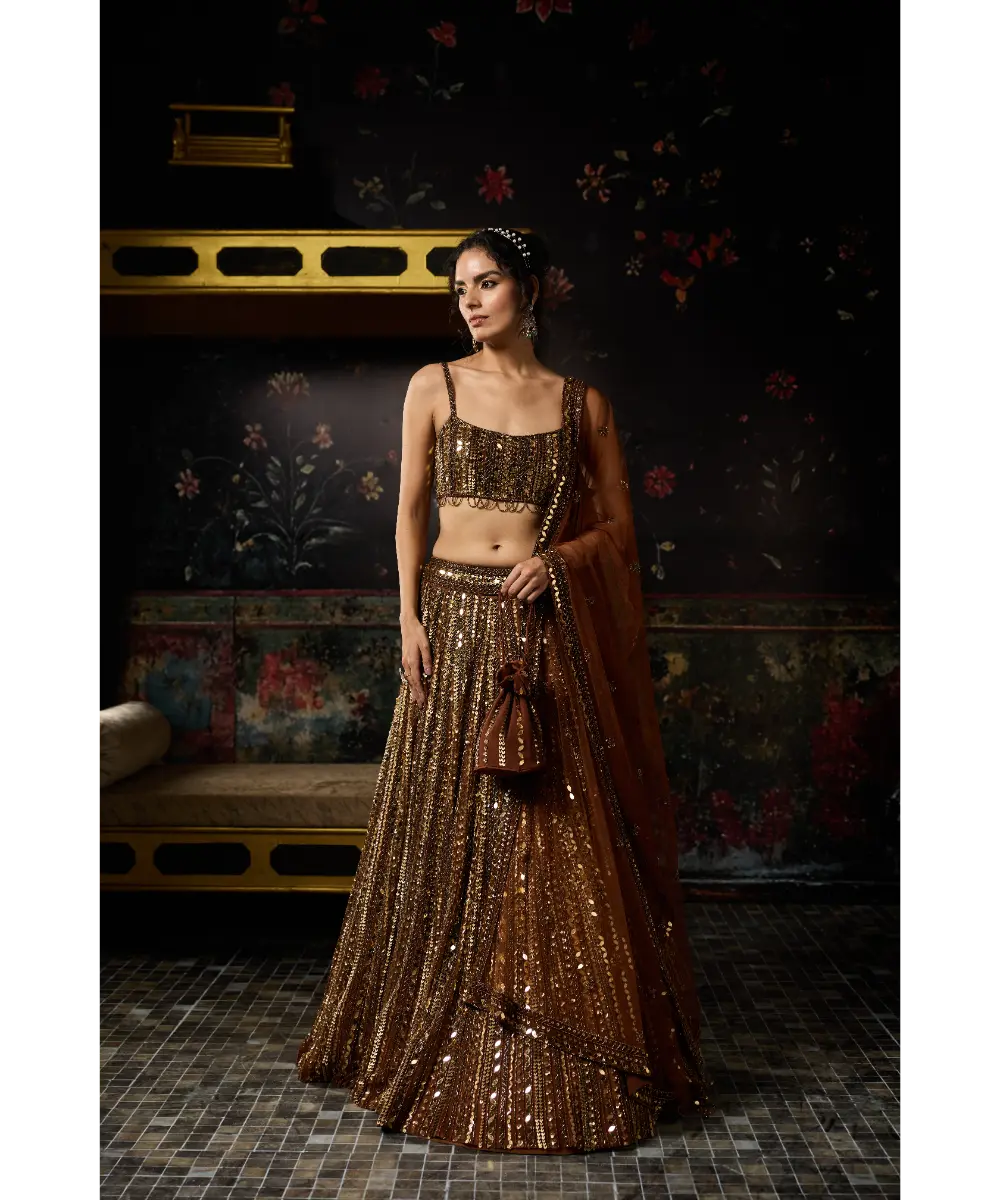 DIYARAJVVIR - METALLIC GOLD EMBELLISHED MIRRORWORK LEHENGA SET